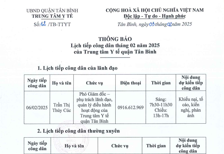 Lịch tiếp công dân tháng 02 năm 2025 của Trung tâm Y tế quận Tân Bình