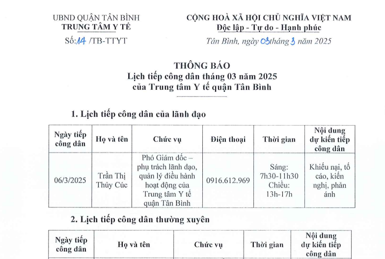 Lịch tiếp công dân tháng 3 năm 2025 của Trung tâm Y tế quận Tân Bình