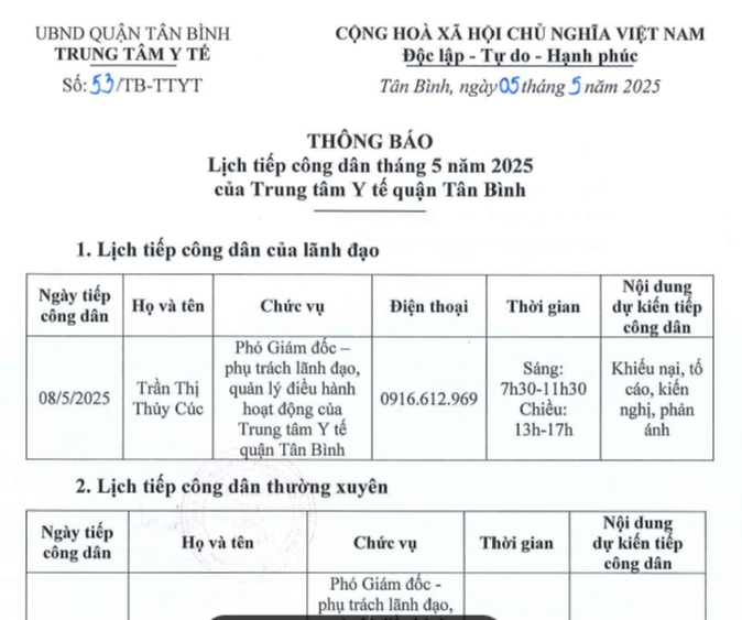 Lịch tiếp công dân tháng 5 năm 2025 của Trung tâm Y tế quận Tân Bình