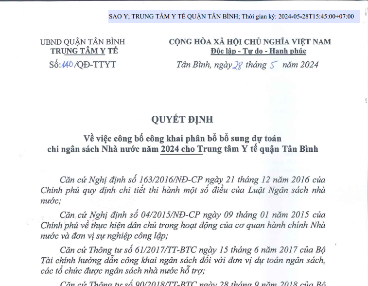 Quyết định số 140/QĐ-TTYT ngày 28/5/2024 của Trung tâm Y tế quận Tân Bình về việc công bố công khai phân bổ bổ sung dự toán chi ngân sách Nhà nước năm 2024 cho TTYT quận Tân Bình