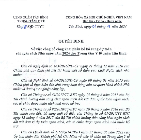 Quyết định số 288/QĐ-TTYT ngày 01/11/2024 của Trung Tâm Y tế quận Tân Bình về việc công bố công khai phân bổ bổ sung dự toán chi ngân sách Nhà nước năm 2024 cho Trung Tâm Y tế quận Tân Bình