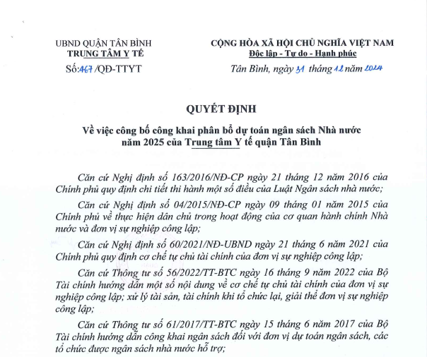 Quyết định số 467/QĐ-TTYT ngày 31/12/2024 của Trung Tâm Y tế quận Tân Bình về việc công bố công khai phân bổ dự toán ngân sách Nhà nước năm 2025 cho Trung Tâm Y tế quận Tân Bình