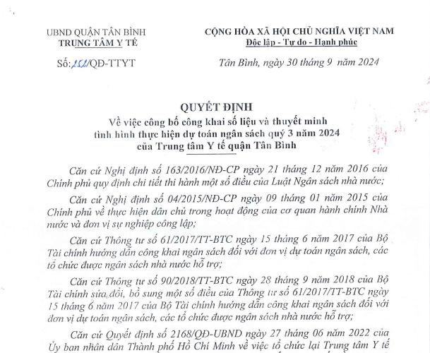 Quyết định số 252/QĐ-TTYT ngày 30/09/2024 của Trung tâm Y tế về việc công bố công khai số liệu và thuyết minh tình hình thực hiện dự toán ngân sách quý III năm 2024 của TTYT quận Tân Bình