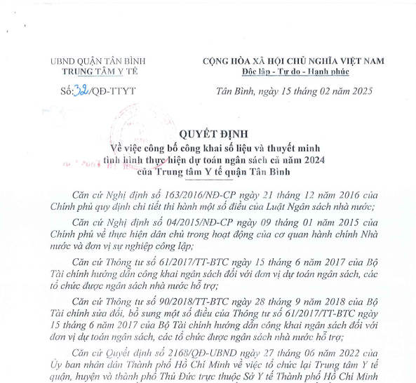 Quyết định số 32/QĐ-TTYT ngày 15/02/2025 của Trung tâm Y tế về việc công bố công khai số liệu và thuyết minh tình hình thực hiện dự toán ngân sách cả năm 2024 của TTYT quận Tân Bình