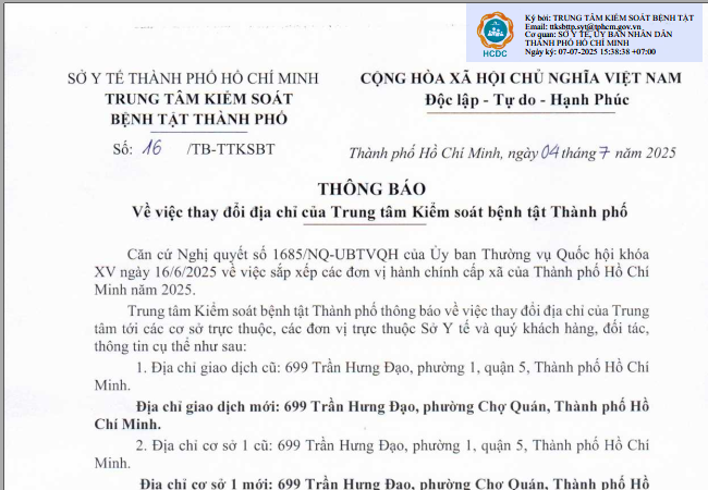 Thông báo số 16/TB-TTKSBT ngày 04/7/2025 của Trung tâm Kiểm soát bệnh tật TP.HCM về việc thay đổi địa chỉ của Trung tâm Kiểm soát bệnh tật TP.HCM