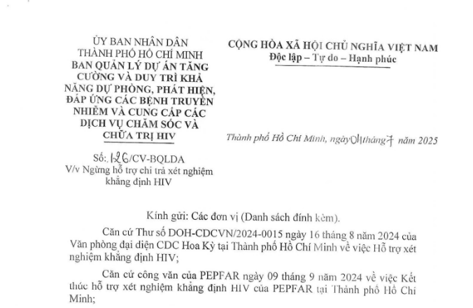 Ngừng hỗ trợ chi trả xét nghiệm khẳng định HIV từ ngày 30/9/2025