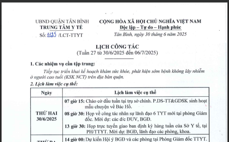Lịch công tác tuần 27 (từ 30/6/2025 đến 06/7/2025)