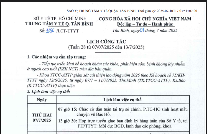 Lịch công tác tuần 28 (từ 07/7/2025 đến 13/7/2025)