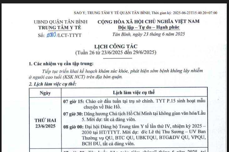 Lịch công tác tuần 26 (từ 23/6/2025 đến 29/6/2025)