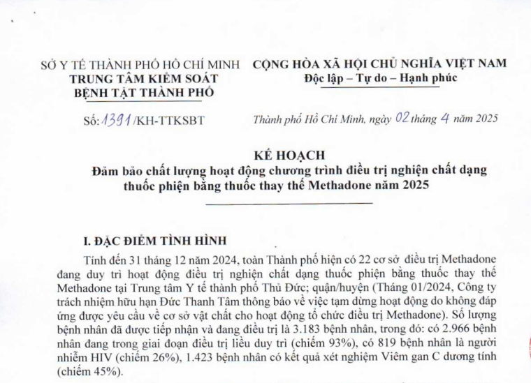 Kế hoạch đảm bảo chất lượng hoạt động chương trình điều trị nghiện chất dạng thuốc phiện bằng thuốc thay thế Methadone năm 2025
