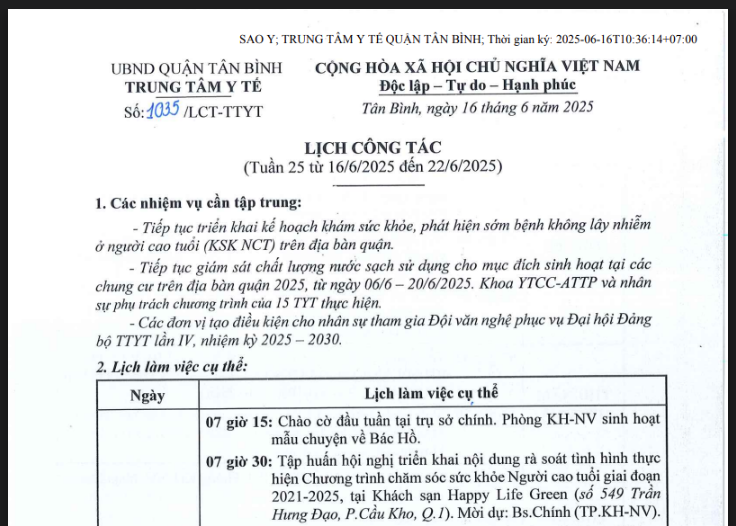 Lịch công tác tuần 25 (từ 16/6/2025 đến 22/6/2025)