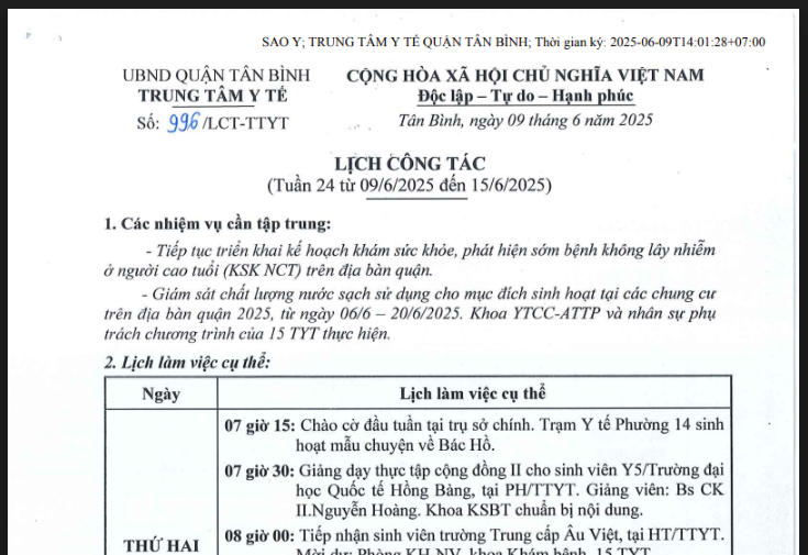 Lịch công tác tuần 24 (từ 09/6/2025 đến 15/6/2025)