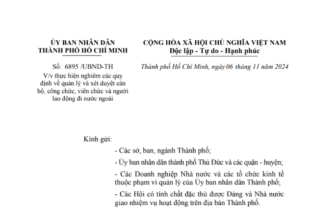 Công văn số 6895/UBND-TH ngày 06/11/2024 của UBND TP. HCM về việc thực hiện nghiêm các quy định về quản lý và xét duyệt cán bộ, công chức, viên chức và người lao động đi nước ngoài
