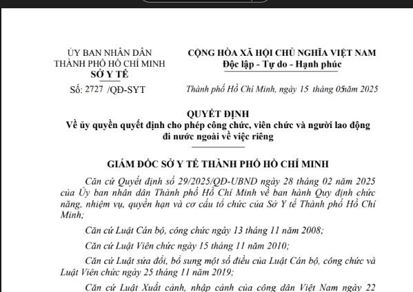 Quyết định số 2727/QĐ-SYT ngày 15/5/2025 của Sở Y tế về ủy quyền quyết định cho phép công chức, viên chức và người lao động đi nước ngoài về việc riêng