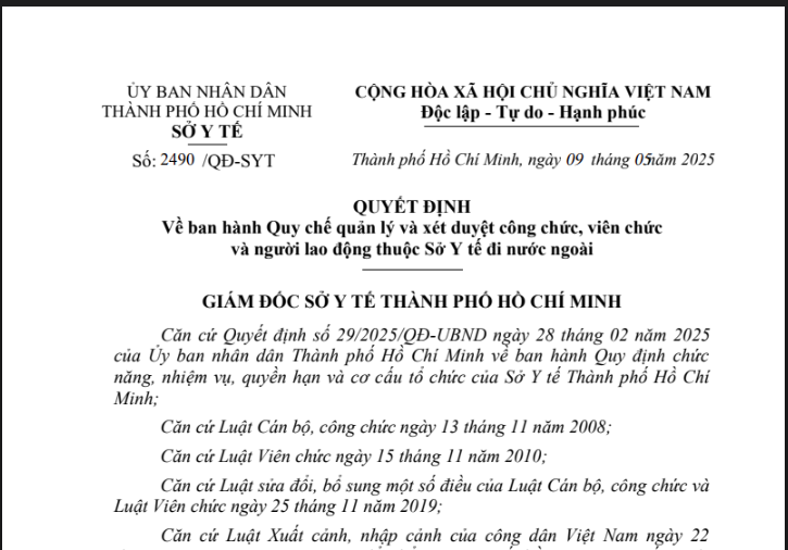 Quyết định số 2490/QĐ-SYT ngày 09/5/2025 về ban hành Quy chế quản lý và xét duyệt công chức, viên chức và người lao động thuộc Sở Y tế đi nước ngoài