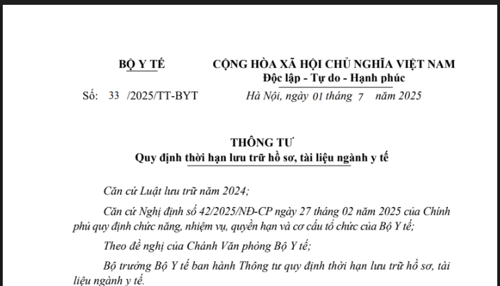 Thông tư số 33/2025/TT-BYT ngày 01/7/2025 của Bộ Y tế về Quy định thời hạn lưu trữ hồ sơ, tài liệu ngành y tế