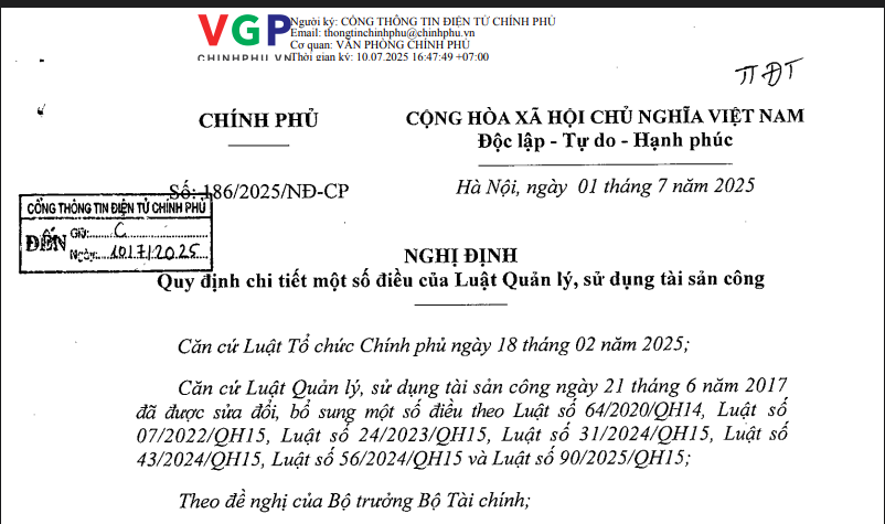 Nghị định số 186/2025/NĐ-CP ngày 01/7/2025 của Chính Phủ về quy định chi tiết một số điều của Luật Quản lý, sử dụng tài sản công