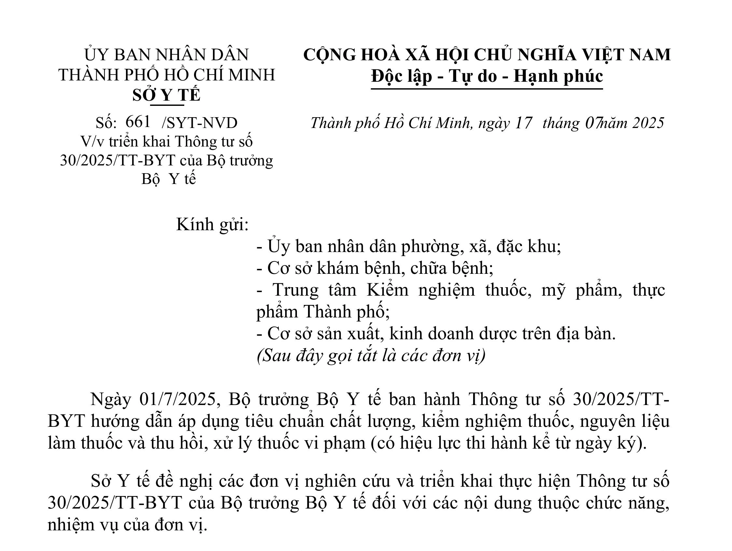 Công văn số 661/SYT-NVD ngày 17/07/2025 về việc triển khai Thông tư số 30/2025/TT-BYT của Bộ trưởng Bộ Y tế
