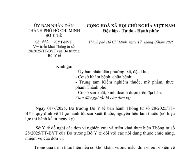 Công văn số 662/SYT-NVD ngày 17/7/2025 của SYT về việc triển khai Thông tư số 28/2025/TT-BYT của Bộ Trưởng Bộ Y tế