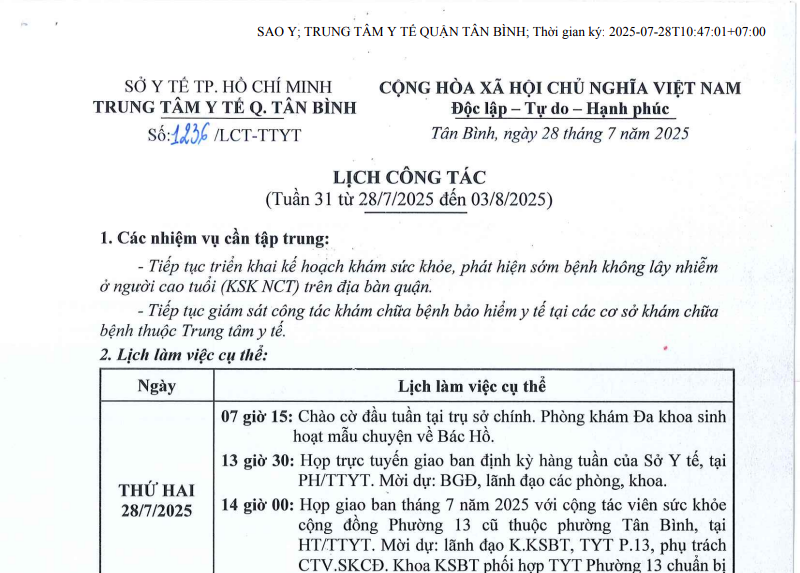 Lịch công tác tuần 31 (từ 28/7/2025 đến 03/8/2025)