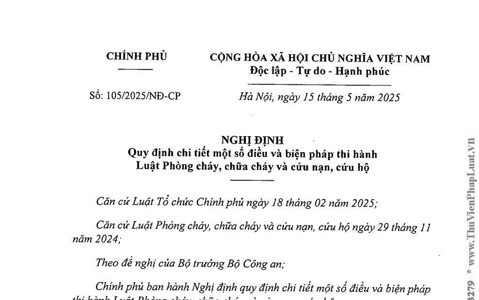 Nghị định số 105/2025/NĐ-CP ngày 15/5/2025 về Quy định chi tiết một số điều và biện pháp thi hành Luật Phòng cháy, chữa cháy và cứu nạn, cứu hộ
