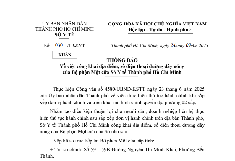 Thông báo số 1030/TB-SYT ngày 24/7/2025 của Sở Y tế về việc công khai địa điểm, số điện thoại đường dây nóng của Bộ phận Một cửa Sở Y tế TP. HCM