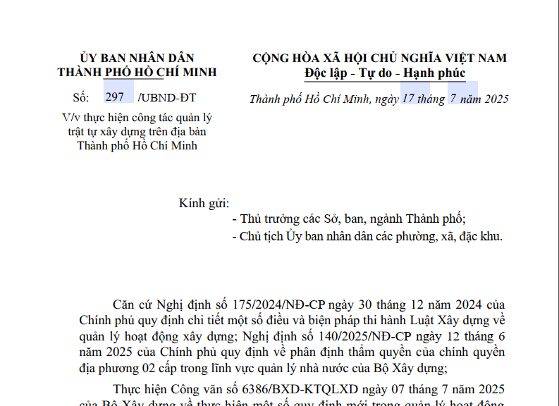 Công văn số 297/UBND-ĐT ngày 17/7/2025 về việc thực hiện công tác quản lý trật tự xây dựng trên địa bàn TP.HCM