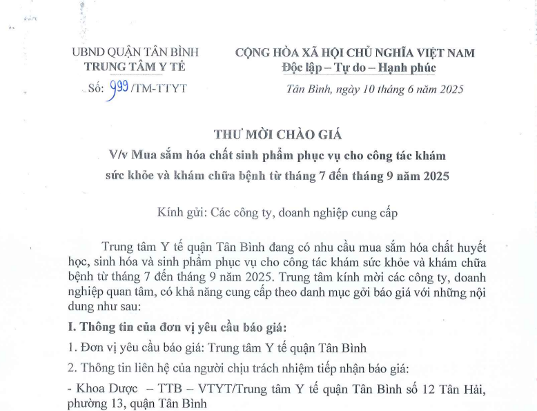 Thư mời chào giá v/v mua sắm hóa chất sinh phẩm phục vụ cho công tác khám sức khỏe và khám chữa bệnh từ tháng 7 đến tháng 9 năm 2025