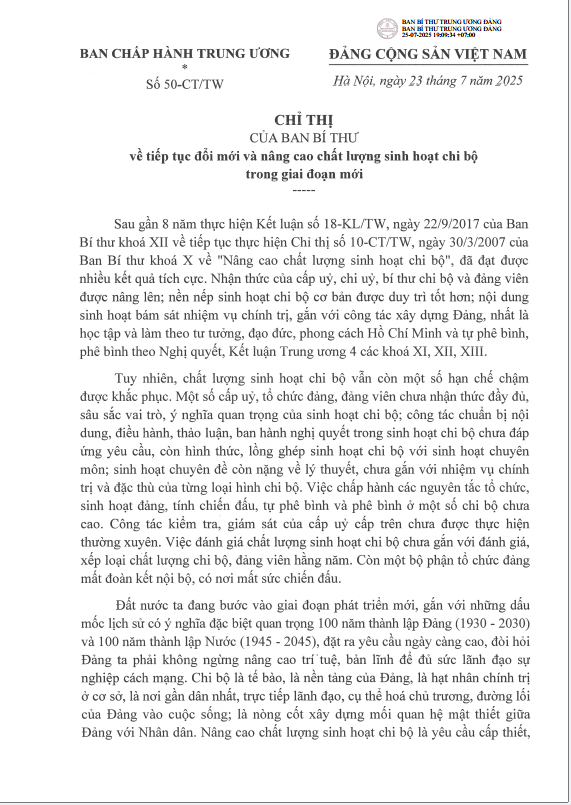 Chỉ thị 50-CT/TW ngày 23/7/2025 của Ban Bí thư về tiếp tục đổi mới và nâng cao chất lượng sinh hoạt chi bộ