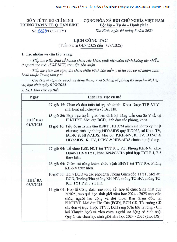LỊCH CÔNG TÁC TUẦN 32 (Từ ngày 4/8/2025 đến ngày 10/8/2025)