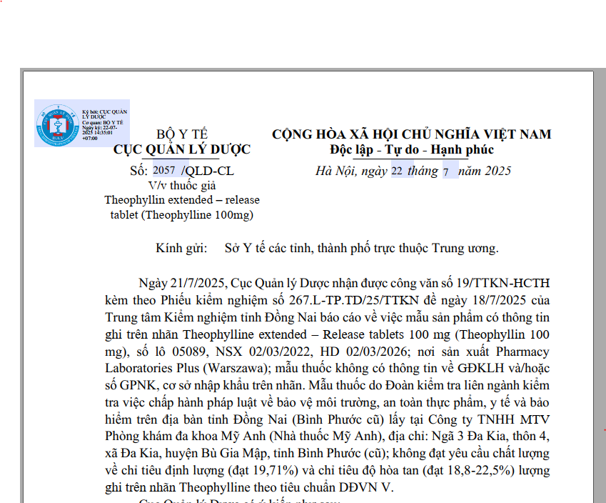 CV số 2057/QLD-CL, ngày 22/7/2025 của Cục Quản lý Dược V/v Thuốc giả Theophyllin extended - release tablet (Theophyllin 100mg)
