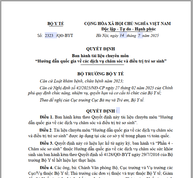 Quyết định số 2323/QĐ-BYT ngày 14/7/2025 về Ban hành tài liệu chuyên môn “Hướng dẫn quốc gia về các dịch vụ chăm sóc và điều trị trẻ sơ sinh”