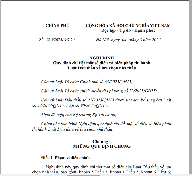 Nghị định số 214/2025/NĐ-CP, ngày 04/8/2025 của Chính Phủ về Quy định chi tiết một số điều và biện pháp thi hành Luật Đấu thầu về lựa chọn nhà thầu.