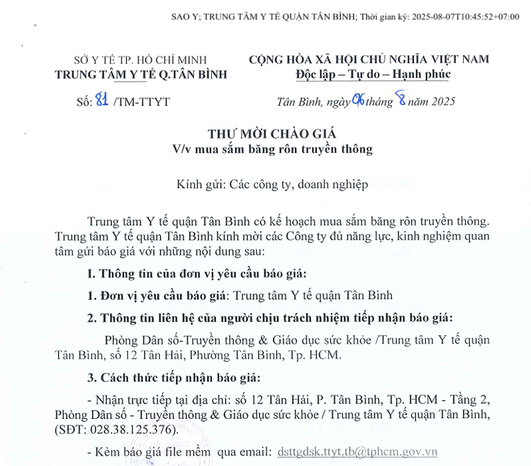 Số 81/TM-TTYT ngày 06 tháng 8 năm 2025 Thư mời chào giá về việc mua sắm băng rôn truyền thông