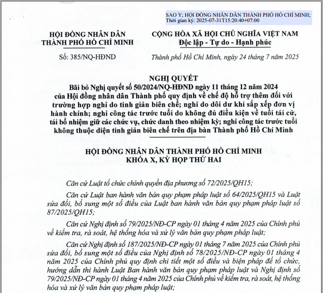 Nghị quyết số 385/NQ-HĐND ngày 24/7/2025 về Bãi bỏ NQ số 50/2024-HĐND quy định về chế độ hỗ trợ thêm đối với trường hợp do tinh giản biên chế; nghỉ do dôi sư khi sắp xếp đơn vị hành chính; nghỉ công tác trước tuổi do không đủ điều kiện về tuổi tái cử, tái