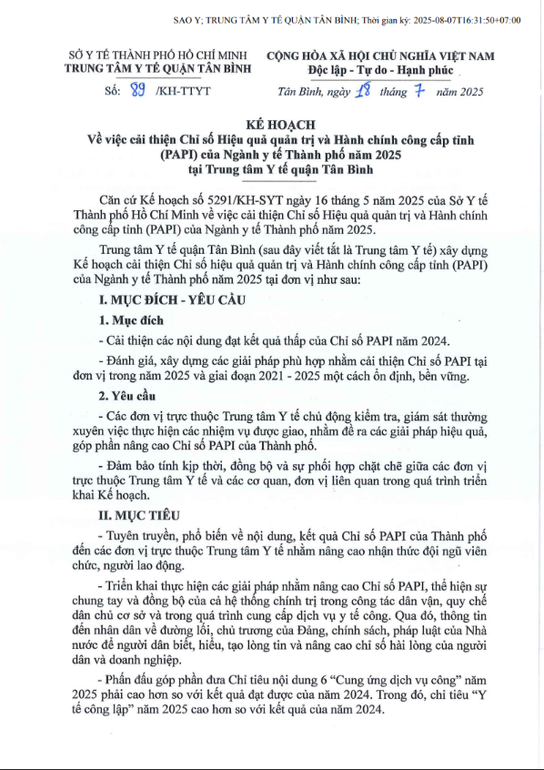 Kế hoạch Về việc cải thiện Chỉ số Hiệu quả quản trị và Hành chính công cấp tỉnh (PAPI) của Ngành y tế Thành phố năm 2025 tại Trung tâm Y tế quận Tân Bình