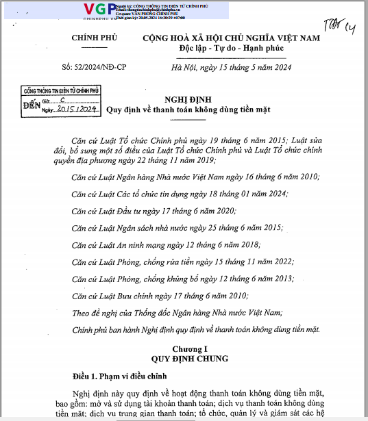 Nghị định số 52/2024/NĐ-CP ngày 15/5/2024 của Chính Phủ về Quy định về thanh toán không dùng tiền mặt
