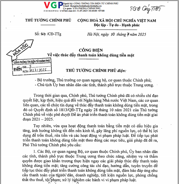 Công điện số 124/CĐ-TTg, ngày 30/7/2025 của Thủ tướng Chính Phủ về việc thúc đẩy thanh toán không dùng tiền mặt