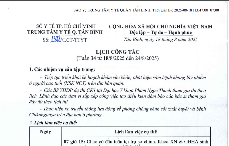 Lịch công tác tuần 34 (từ 18/8/2025 đến 24/8/2025)