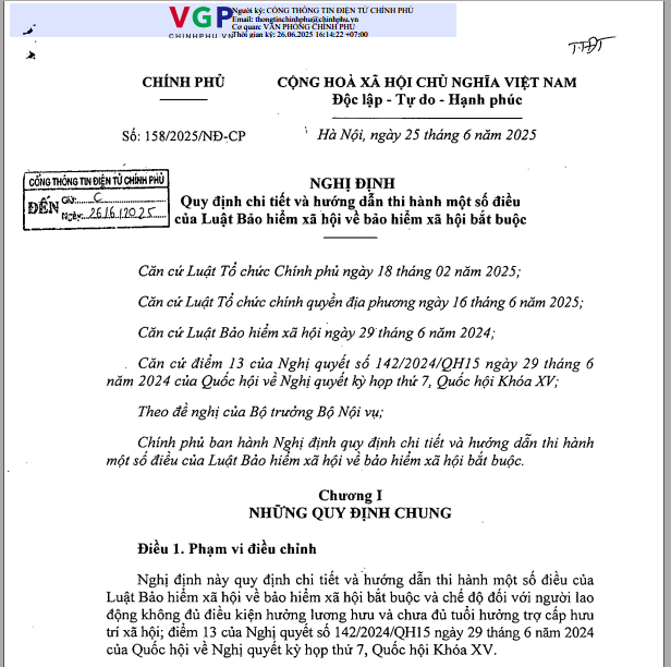 Nghị định số 158/2025/NĐ-CP, ngày 25/6/2025 của Chính phủ: Quy định chi tiết và hướng dẫn thi hành một số điều của Luật Bảo hiểm xã hội về bảo hiểm xã hội bắt buộc
