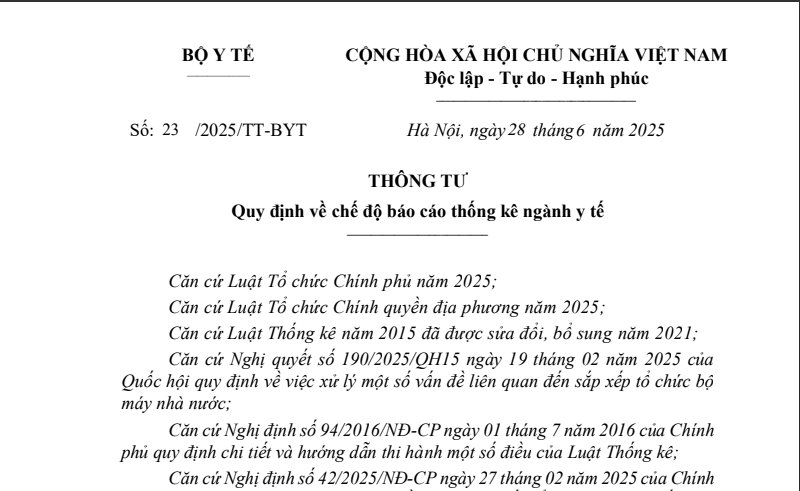Thông tư số 23/2025/TT-BYT ngày 28/6/2025 của Bộ Y tế quy định về chế độ báo cáo thống kê ngành y tế
