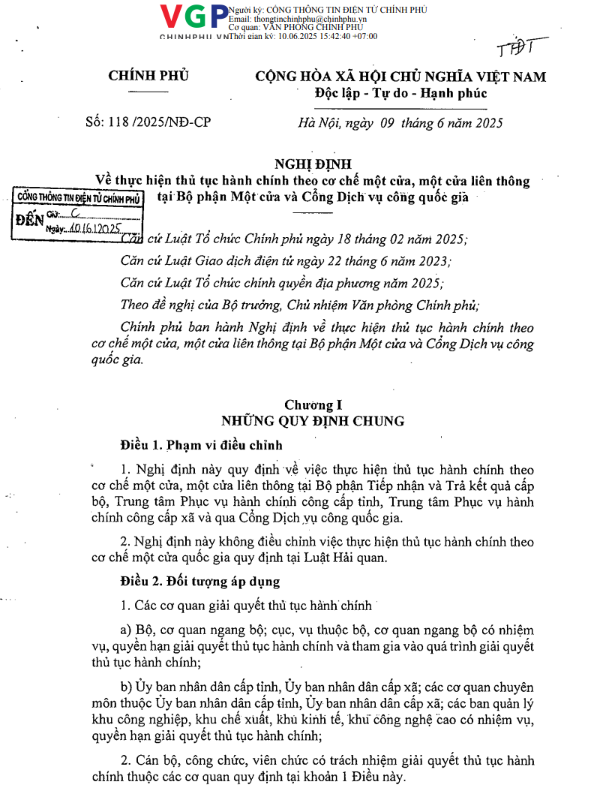 Nghị Định 118/2025/NĐ-CP về thực hiện thủ tục hành chính theo cơ chế một cửa, một cửa liên thông tại Bộ phận Một cửa và Cổng Dịch vụ công quốc gia