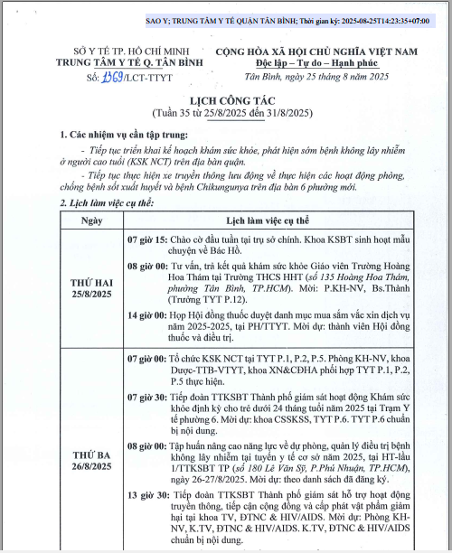 Lịch công tác tuần (Tuần 35 từ 25/8/2025 đến 31/8/2025)