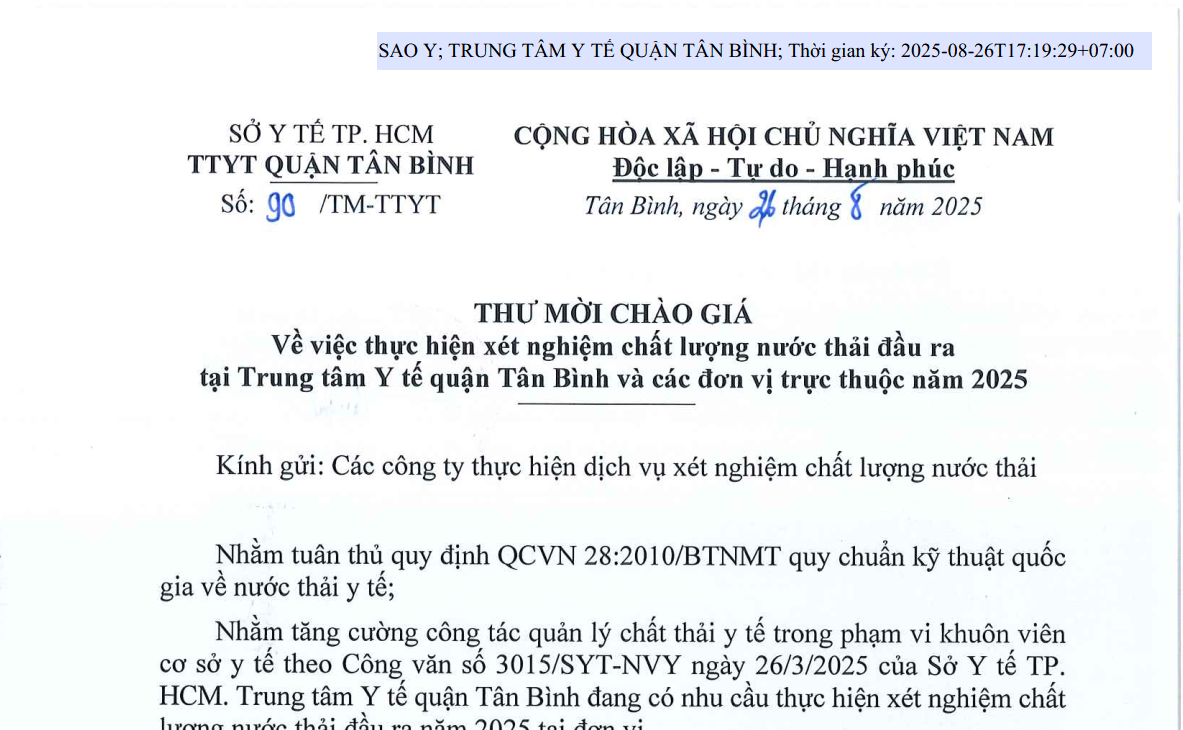 Thư mời chào giá số 90/TM-TTYT ngày 26/8/2025 về việc thực hiện xét nghiệm chất lượng nước thải đầu ra tại Trung tâm Y tế quận Tân Bình và các đơn vị trực thuộc năm 2025