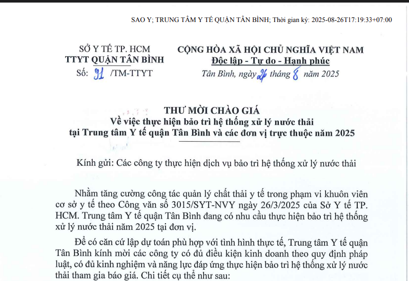 Thư mời chào giá số 91/TM-TTYT ngày 26/8/2025 về việc thực hiện bảo trì hệ thống xử lý nước thải tại Trung tâm Y tế quận Tân Bình và các đơn vị trực thuộc năm 2025