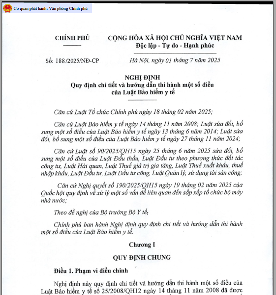 Nghị định số 188/2025/NĐ-CP ngày 01/7/2025 của Chính phủ: Quy định chi tiết và hướng dẫn thi hành một số điều của Luật Bảo hiểm y tế