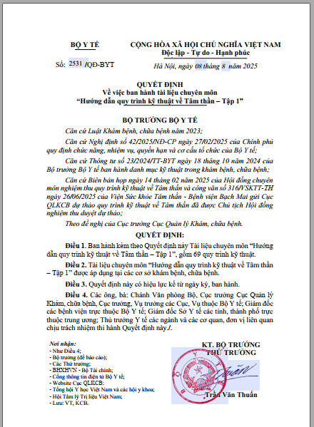 Quyết định 2531/QĐ-BYT ngày 8/8/2025 của Bộ Y tế về Tài liệu chuyên môn “Hướng dẫn quy trình kỹ thuật về Tâm thần - Tập 1” do Bộ trưởng Bộ Y tế ban hành