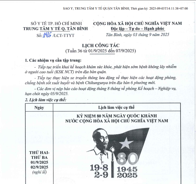 Lịch công tác tuần 36 (từ 01/9/2025 đến 07/9/2025)