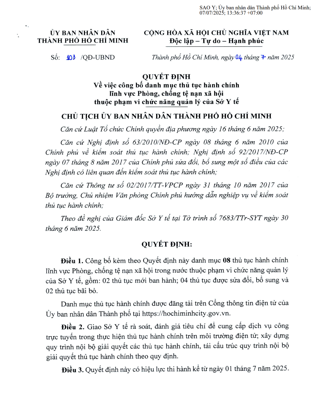 Quyết định số 103/QĐ-UBND về việc công bố danh mục thủ tục hành chính lĩnh vực Phòng, chống tệ nạn xã hội thuộc phạm vi chức năng quản lý của Sở Y tế