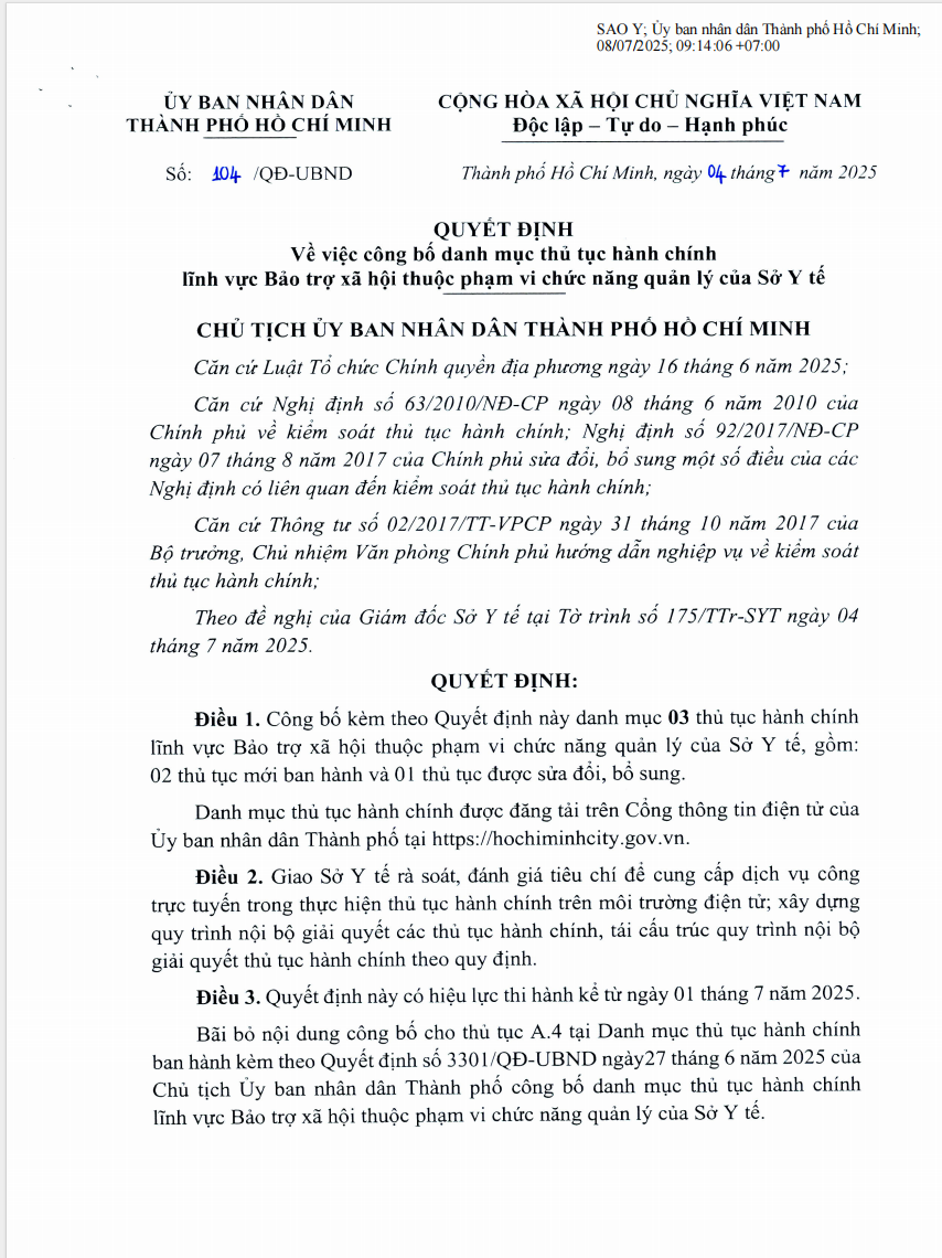 Quyết định số 104/QĐ-UBND về việc công bố danh mục thủ tục hành chính lĩnh vực Bảo trợ xã hội thuộc phạm vi chức năng quản lý của Sở Y tế